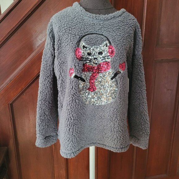 Time & Tru Womens Fleece Pullover Sweater With Sequin Cat Design L NWT - Picture 1 of 5